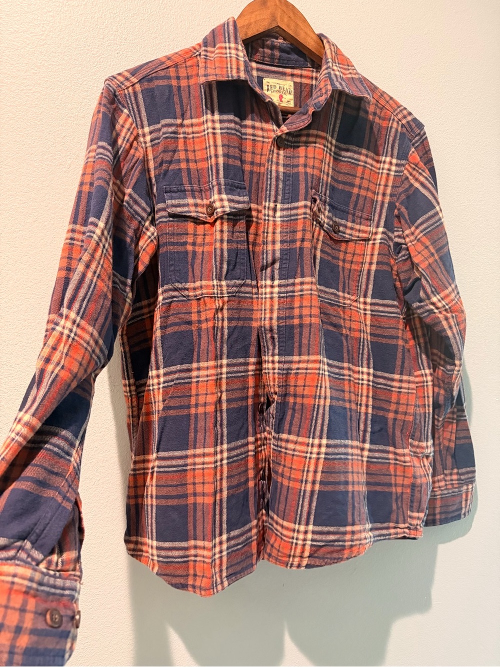 RedHead Orange Navy Fall Plaid Button-Down Shirt Gorpcore Camping Cabincore